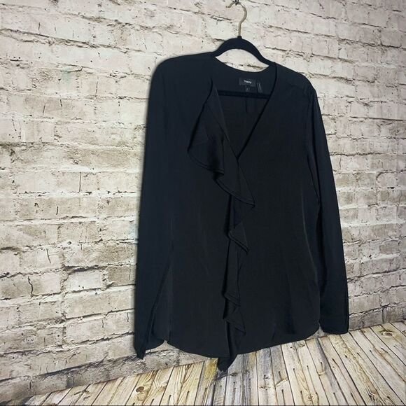 Theory Black Jastrid Modern Silk Ruffled sz Large - Picture 3 of 12